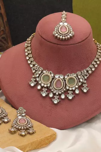 Pista green & pink color kundan necklace set