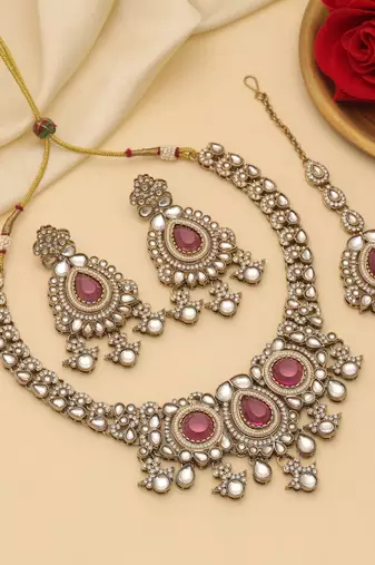 Rani color kundan necklace set