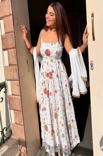 White embroidery crushi silk blend  anarkali suit