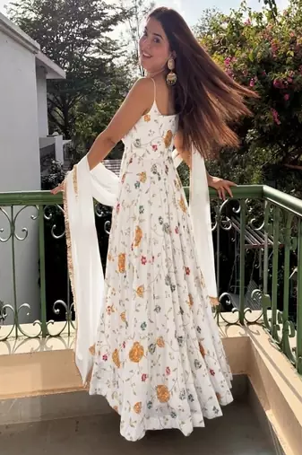 White embroidery crushi silk blend  anarkali suit