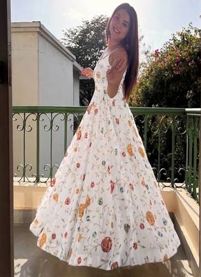 White embroidery crushi silk blend  anarkali suit 1
