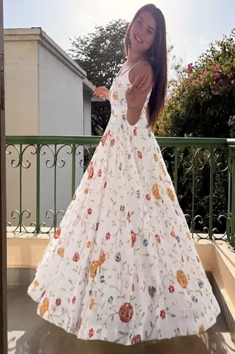 White embroidery crushi silk blend  anarkali suit