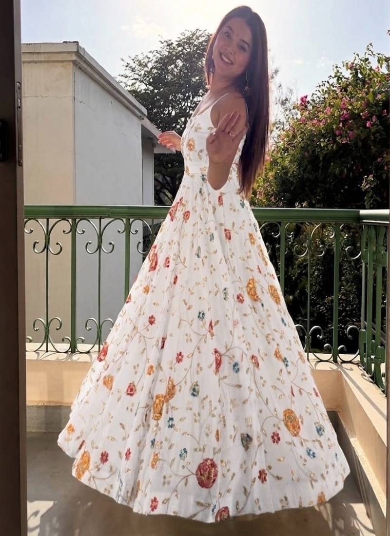 White embroidery crushi silk blend  anarkali suit
