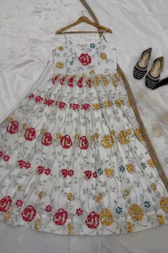 White embroidery crushi silk blend  anarkali suit