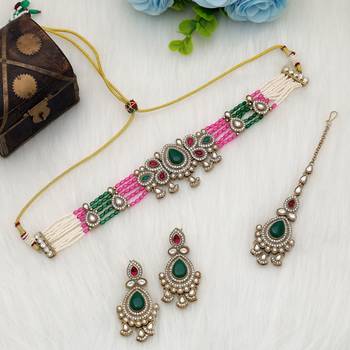 Rani & green color choker kundan necklace set 1