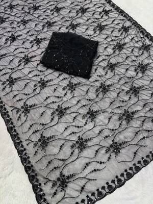 Black Color Handwork And Sequence Work Net Saree 1