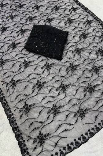 Black Color Handwork And Sequence Work Net Saree