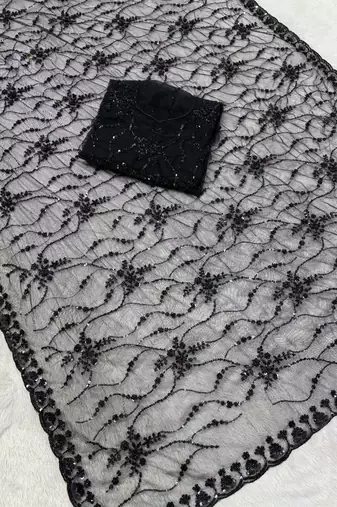 Black Color Handwork And Sequence Work Net Saree