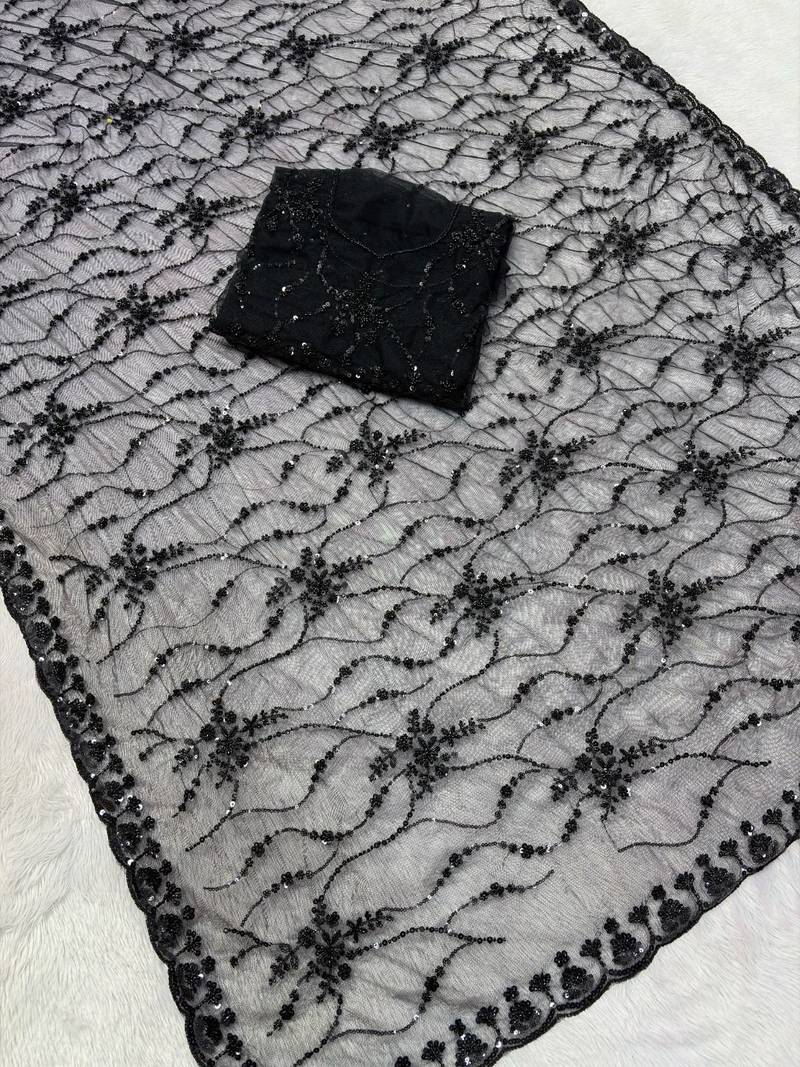 Black Color Handwork And Sequence Work Net Saree