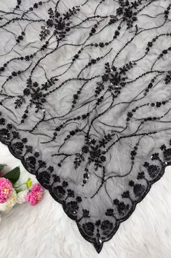 Black Color Handwork And Sequence Work Net Saree