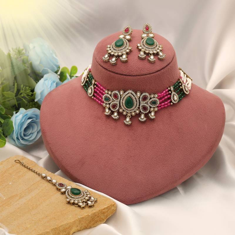 Rani & green color choker kundan necklace set