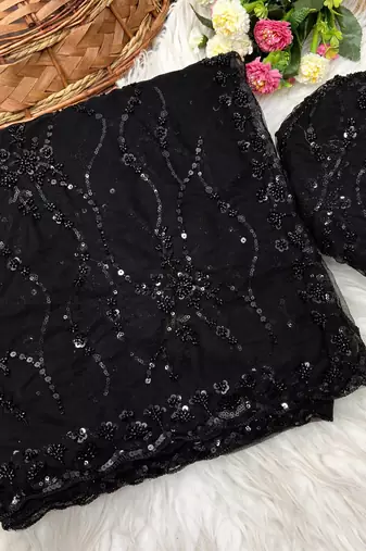 Black Color Handwork And Sequence Work Net Saree