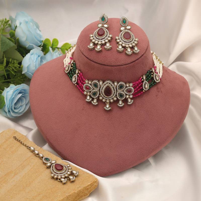 Multi color choker kundan necklace set