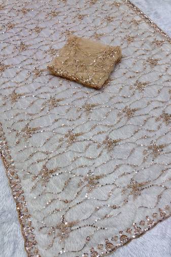 Cream Color Handwork And Sequence Work Net Saree