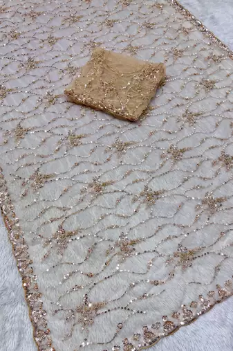 Cream Color Handwork And Sequence Work Net Saree