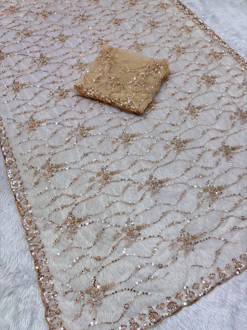 Cream Color Handwork And Sequence Work Net Saree