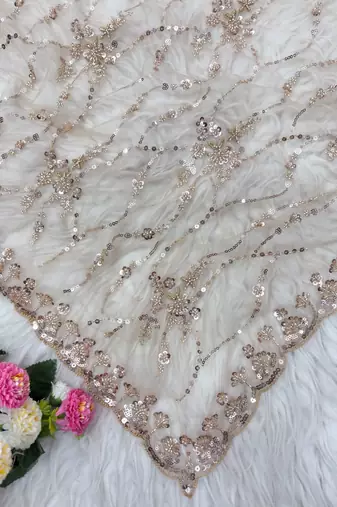 Cream Color Handwork And Sequence Work Net Saree