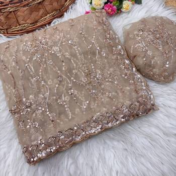 Cream Color Handwork And Sequence Work Net Saree 3
