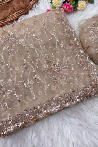 Cream Color Handwork And Sequence Work Net Saree