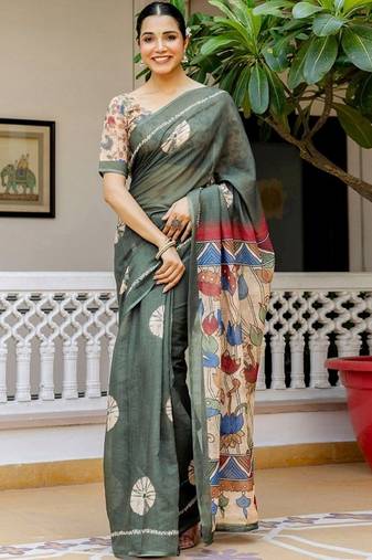 Olive green printed linen blend casual saree with kalamkari floral pallu & unstitched blouse piece