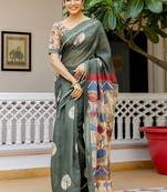Olive green printed linen blend casual saree with kalamkari floral pallu & unstitched blouse piece