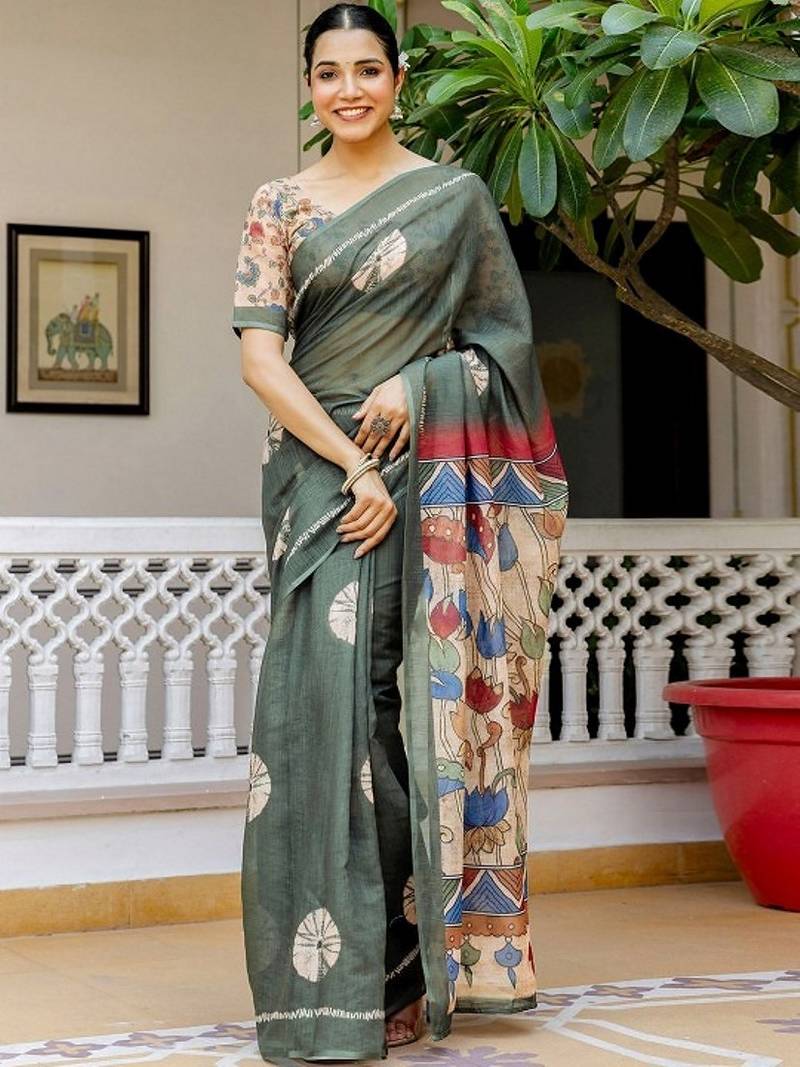 Olive green printed linen blend casual saree with kalamkari floral pallu & unstitched blouse piece