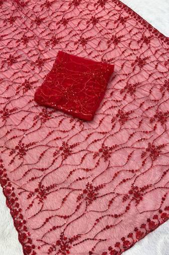 Red Color Handwork And Sequence Work Net Saree