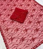 Red Color Handwork And Sequence Work Net Saree