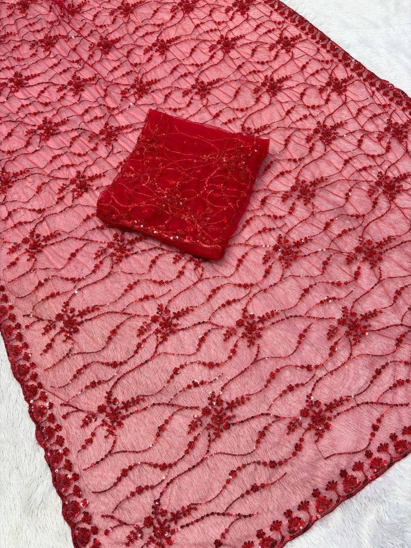 Red Color Handwork And Sequence Work Net Saree