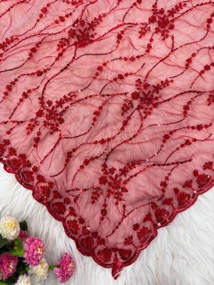 Red Color Handwork And Sequence Work Net Saree 2