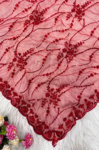 Red Color Handwork And Sequence Work Net Saree