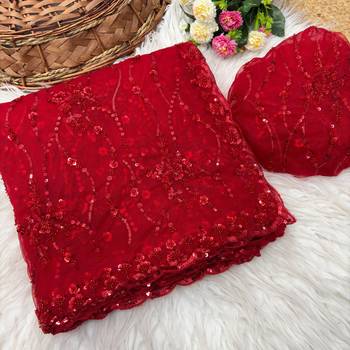 Red Color Handwork And Sequence Work Net Saree 3