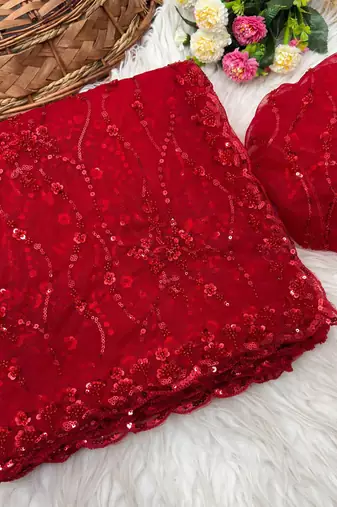 Red Color Handwork And Sequence Work Net Saree