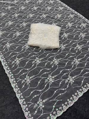 White Color Handwork And Sequence Work Net Saree 1