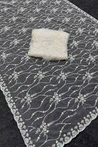 White Color Handwork And Sequence Work Net Saree