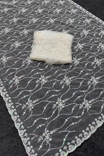 White Color Handwork And Sequence Work Net Saree