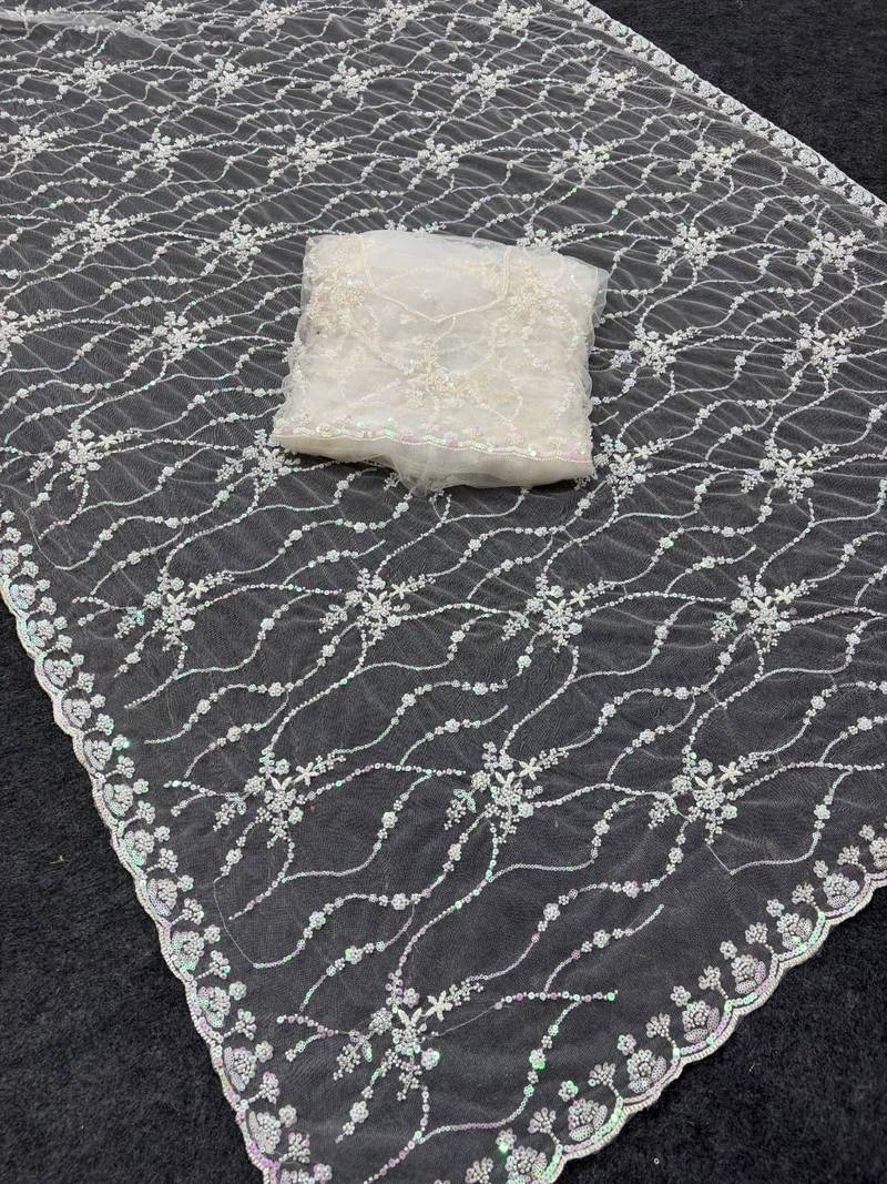 White Color Handwork And Sequence Work Net Saree