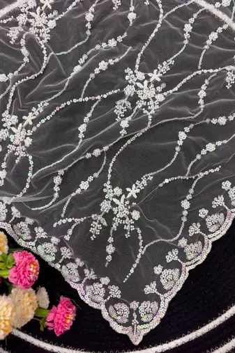 White Color Handwork And Sequence Work Net Saree