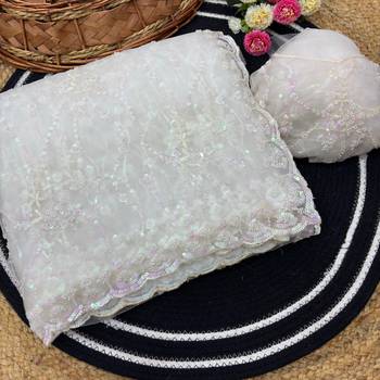 White Color Handwork And Sequence Work Net Saree 3