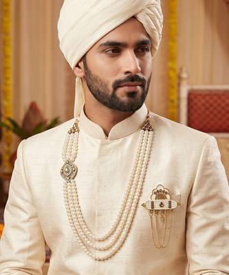   groom sherwani necklace layered moti mala for wedding | groom mala with brooch set 6