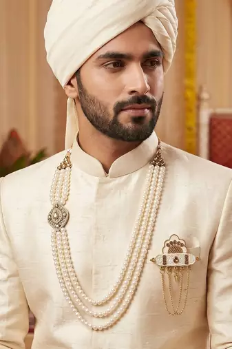   groom sherwani necklace layered moti mala for wedding | groom mala with brooch set