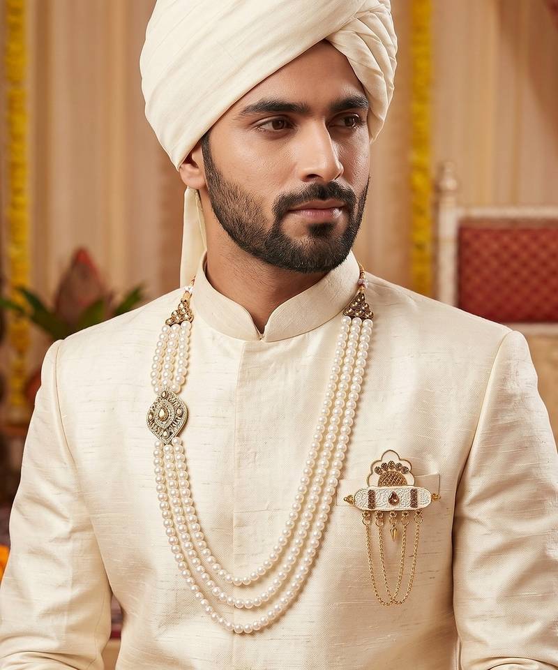   groom sherwani necklace layered moti mala for wedding | groom mala with brooch set