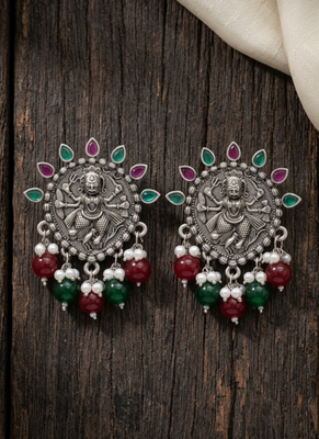 Oxidized silver-tone lotus motif jhumki necklace set with sapphire-blue accents 1