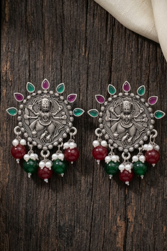 Oxidized silver-tone lotus motif jhumki necklace set with sapphire-blue accents