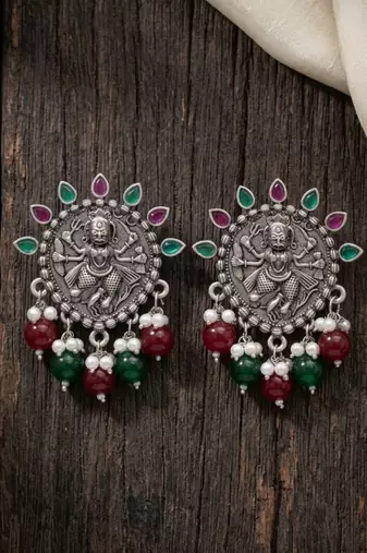 Oxidized silver-tone lotus motif jhumki necklace set with sapphire-blue accents