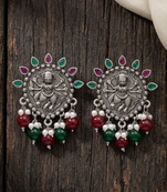 Oxidized silver-tone lotus motif jhumki necklace set with sapphire-blue accents