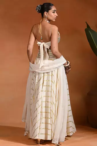 Ivory Embroidered Cotton Jacquard Lehenga Set