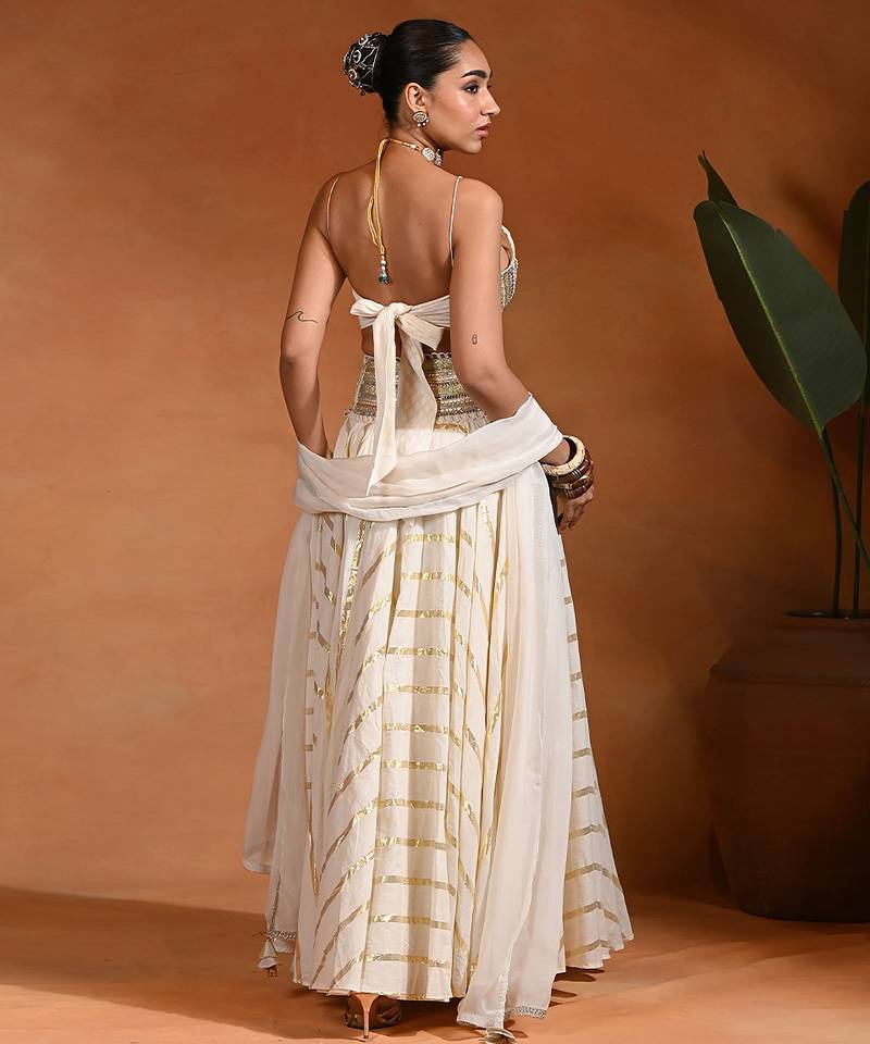 Ivory Embroidered Cotton Jacquard Lehenga Set