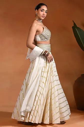 Ivory Embroidered Cotton Jacquard Lehenga Set