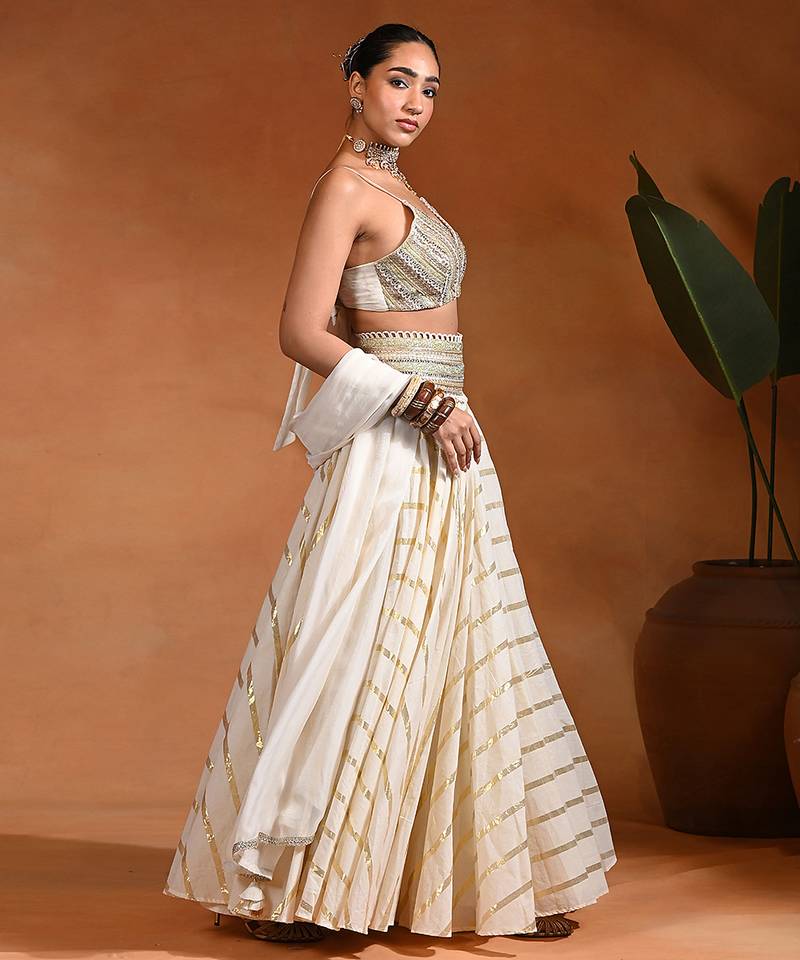 Ivory Embroidered Cotton Jacquard Lehenga Set